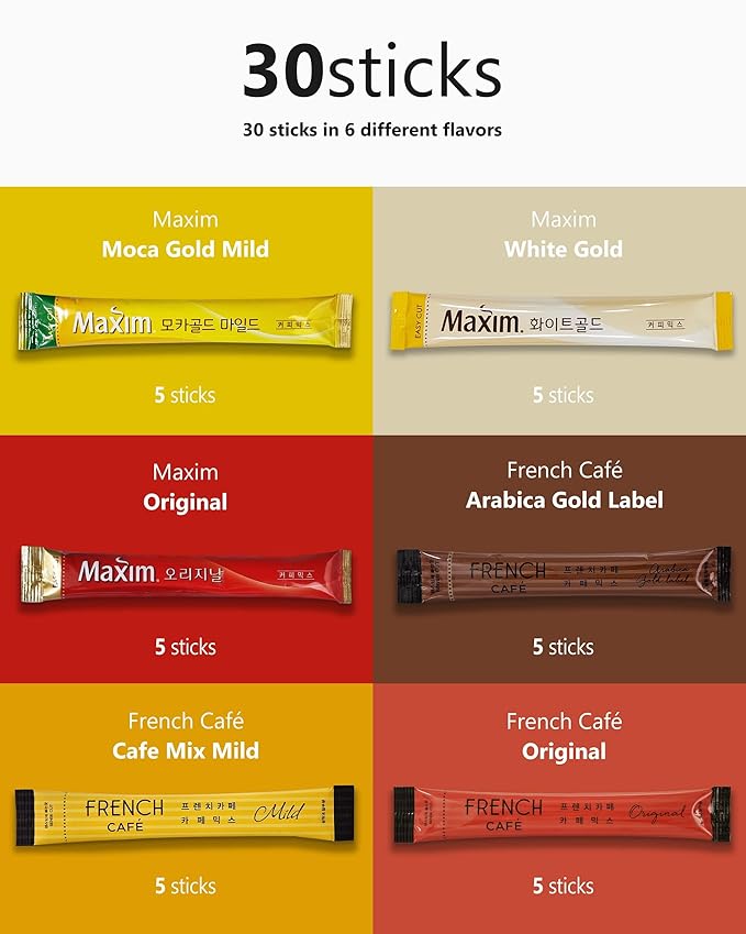 CUTIE MANGO Maxim French Premium Korean Instant Coffee Mix Sampler 6 Flavors Assortment Café Style Camping Party Single Serve Packets 30 Variety Pack (5 Sticks Each) with Complimentary 2 Teabags