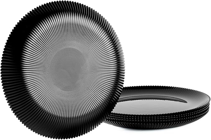 LaGlint 7.5 inch Ribbed Salad Appetizer Plate Set of 6, Opal Glass Round Small Black Plates for Dessert, Kitchen, Dishwasher and Microwave Safe