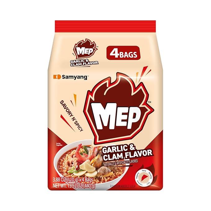 Samyang MEP Garlic Clam Ramen, Spicy Korean Instant Bag Noodle Soup, Refreshing Seafood Broth Ramyeon, Easy Cook Noodles, 3.88 oz (Pack of 4 Bags)