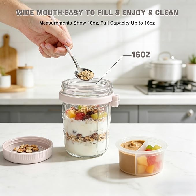 4 Pack Overnight Oats Containers with Lids and Spoons - 16 oz Glass Mason Jars with Dressing Cup, Over night Oat Jars for Meal Prep, Yogurt Parfait Cup for Chiaseed Salad (Beige)