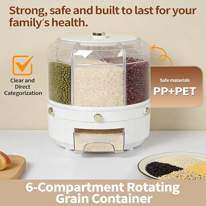 Rice Food Grain Dispenser, 6 Grids Rice & Grain Storage Container 360° Rotatable Grain Dispenser One-Button Pressing Storage Bucket for Grains Snacks Coffee Beans Pet Food Dispenser (13.2LBS)
