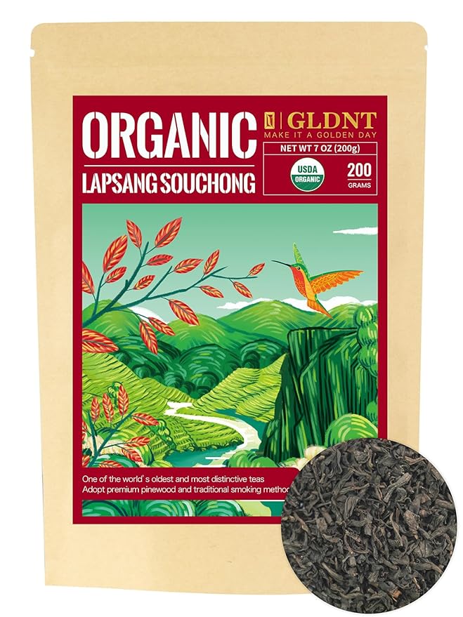 GLDNT Organic Lapsang Souchong Tea, Chinese Smoked Organic Black Tea Loose Leaf, Smoky Taste, Caffeinated, 7oz/200g