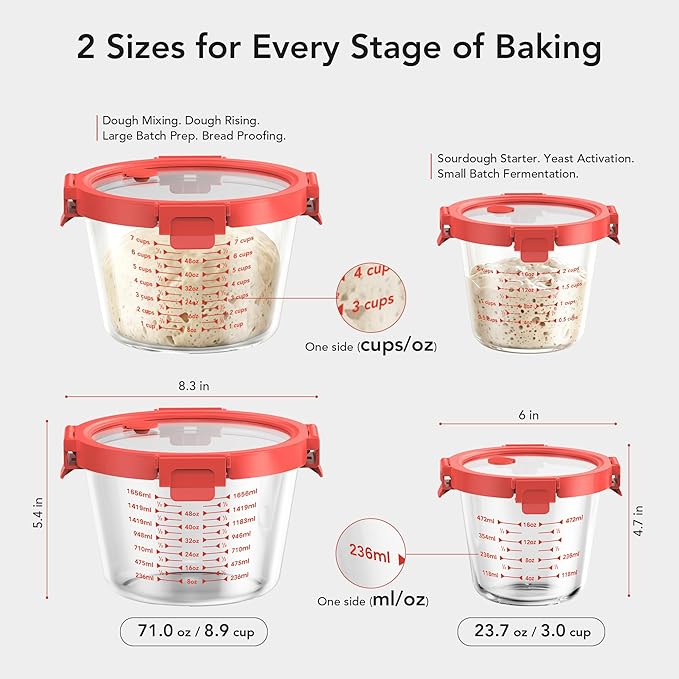 GENICOOK Glass Containers with Airtight Lids, 2-Piece Borosilicate Glass Baking Set (24oz & 71oz) for Sourdough Starter, Dough Mixing & Proofing, Wide Mouth with Easy-Read Measuring Marks, Microwave, Oven & Dishwasher Safe