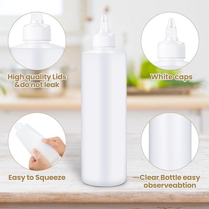 Irenare 30 Pack Plastic Condiment Squeeze Bottles for Sauces Empty Squirt Bottle with Top Cap for Condiment BBQ, Dressing, Paint, Workshop, Crafts(White,16 oz)