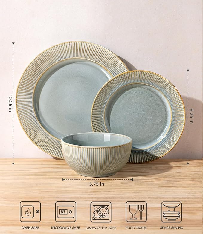 TheTerra Stoneware Dinnerware Sets for 6, 18 Pieces Ceramic Lightweight Plates and Bowls Sets, Scratch Resistant Embossed Dish Set, Oven, Microwave & Dishwasher Safe, Stone Sage