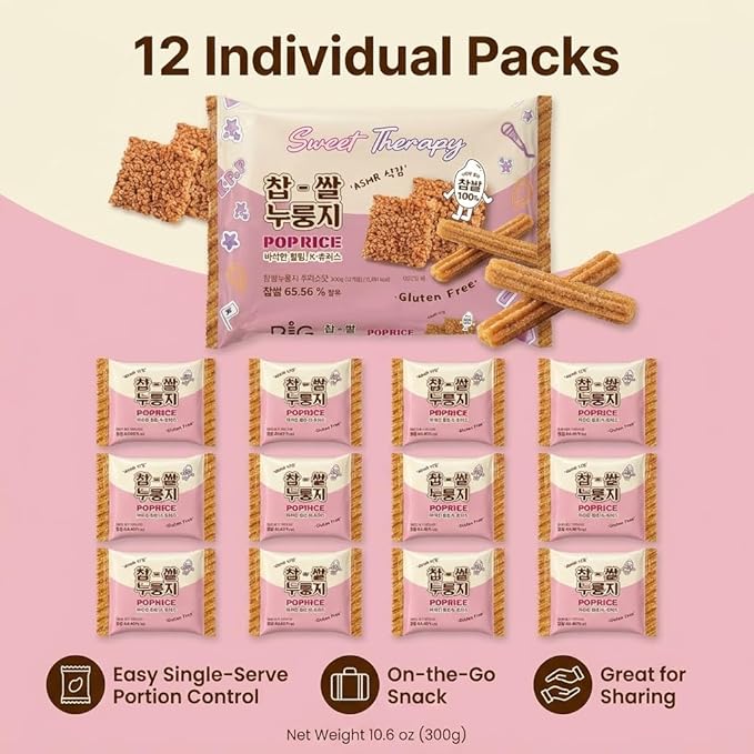 Korean Churro Pop Rice Crackers (츄러스 찹쌀누룽지) – Crispy Cinnamon Sugar Glutinous Rice Snack, Sweet & Crunchy Dessert Treat, ASMR Texture, Individually Packed (Churro Cinnamon Nurungji Pop - 10.6oz (300g))