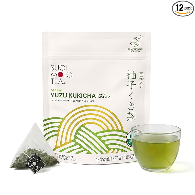 SUGIMOTO TEA Japanese Organic Yuzu Kukicha with Matcha Green Tea Bags 12 Count
