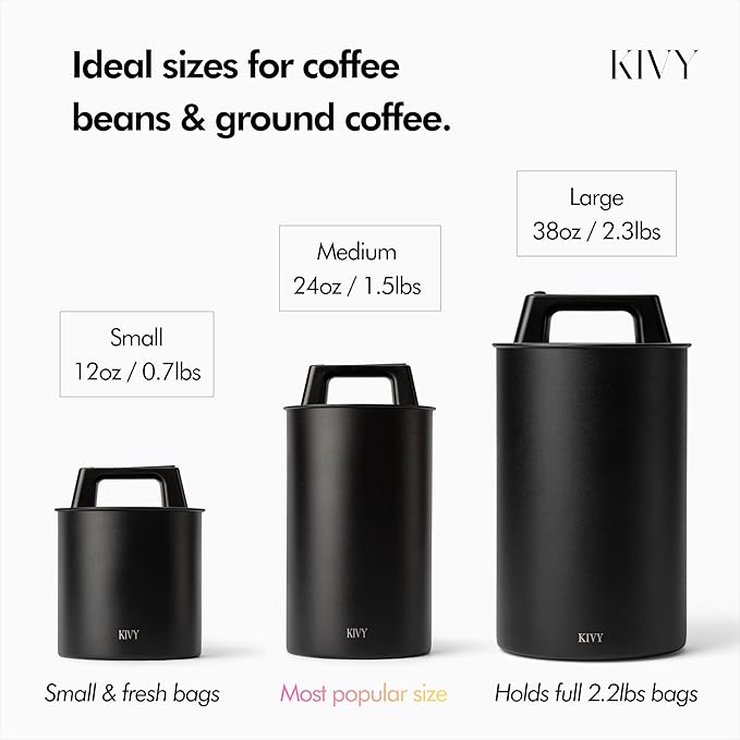 KIVY Vacuum Coffee Canister - Push Lid Preserves Coffee Aroma & Oil - Stainless Steel Airtight Coffee Canister - Removes Excess Air