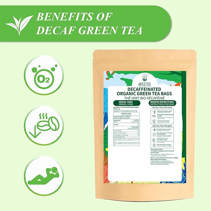 WT WEETEE Organic Decaf Green Tea Bags, Organic Green Tea 100 Count | CO2-Decaffeinated | Super Antioxidant | Resealable Kraft Bag