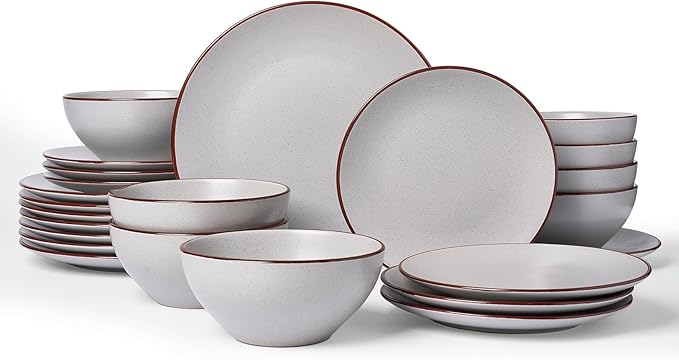 Famiware Venus Plates and Bowls Sets with Trim, 24 Pieces Speckled Stoneware Dinnerware Set for 8, Matte Light Gray - Microwave & Dishwasher Safe, Modern Minimalist, Dishes for Everyday & Formal Use