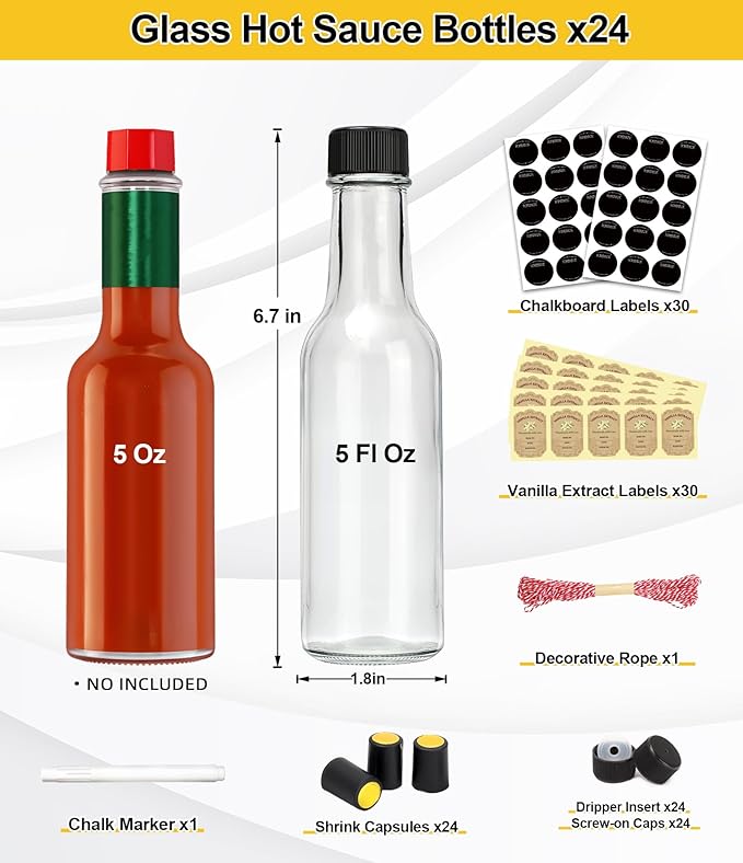 gmisun Hot Sauce Bottles 5 oz, 24 Pack Vanilla Extract Bottles with Shrink Capsules, Glass Woozy Bottle with Labels, Funnel, Caps, Dripper Inserts, for Homemade Hot Sauces, Dressing