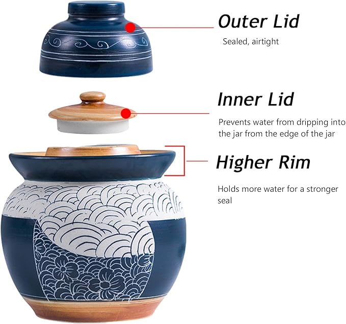 Traditional Chinese Porcelain Pickle Jar, Ceramic Fermenting Jar with Water Seal Airlock Lid, Turnip Kimchi Sauerkraut Fermentation Crock Pickling Pot(5kg, Blue)