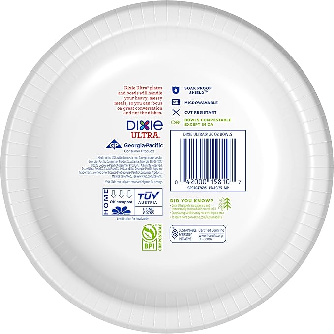 Dixie Ultra, Large Paper Bowls, 20 Oz, Microwave Safe, Compostable, Disposable Bowls Great For Breakfast, Lunch, And Dinner Meals, 56 Count (Pack of 2)