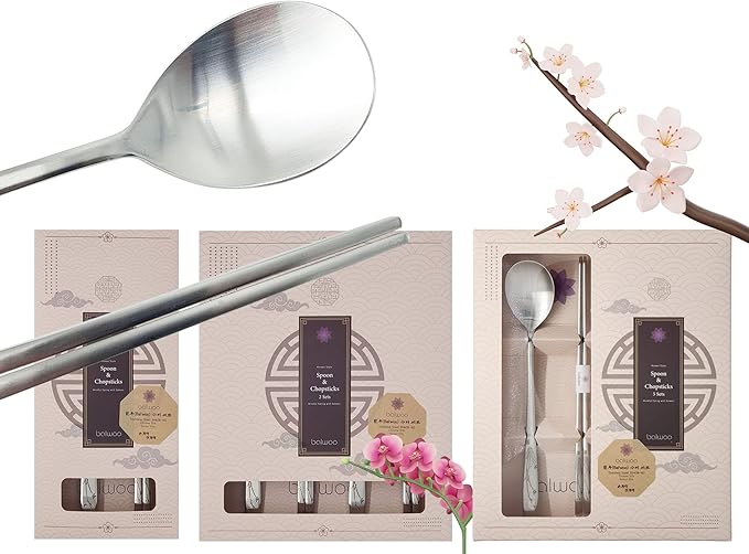 [1 Set] [Made in Korea] Orchid Design Korean Style Sticky Rice Spoon Chopsticks Set Silverware Set 304 Stainless Steel Cutlery Set Soup Spoon Ramen Chopsticks Flatware (1 Set)