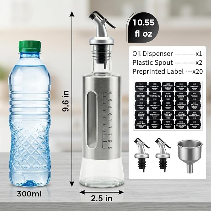 Olive Oil Dispenser for Kitchen, 2 Pack 10oz/300 ML Cooking Oil and Vinegar Dispenser Set with 20 Labels Stainless Steel Funnel, Olive Oil Bottle, Soy Sauce Dispenser, Coffee Syrup Bottles