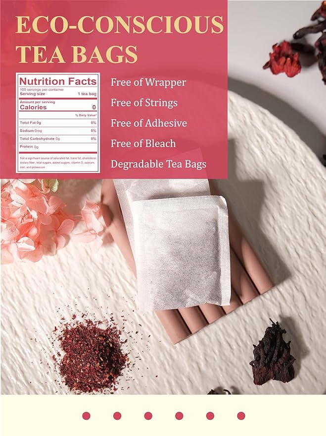 GLDNT Organic Hibiscus Tea Bags, Caffeine Free, Natural Flowers, Refreshing Tart Flavor, 100 Count