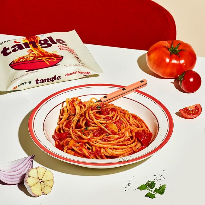 Samyang Tangle Chunky Tomato Linguine Savory Garlic and Onion Flavor Italian Inspired Sauce Air Dried Noodle Easy Cook Pasta 3.63 oz (Pack of 4)