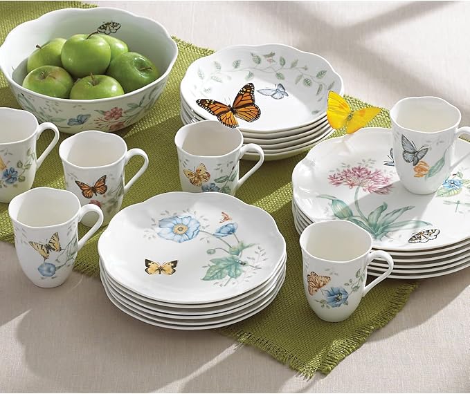 Lenox Dinnerware Set, Butterfly Meadow 18-Piece Set, Service For 6, White Porcelain, Butterfly And Flower Designs, Plates And Bowls Sets, Dishwasher Safe, Home & Kitchen (Assorted, 18 Pieces)