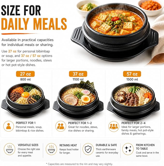 XICHENGSHIDAI Korean Stone Bowl with Tray, Dolsot Bibimbap Bowl, Earthenware Ceramic Hot Pot for Soup, Stew, Rice, Ramen and Ttukbaegi, Oven & Stovetop Safe, Black - 27oz