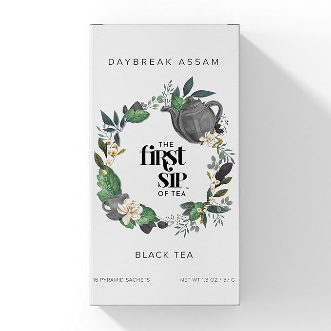 Daybreak Assam Black Tea, Pyramid Tea Bag Sachets, High Caffeine, Strong Morning Tea, Pure Unblended, Hot & Iced Tea - 16 Cups | The Spice Hut, First Sip of Tea