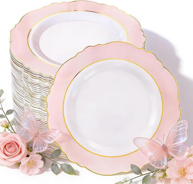 WDF 60pcs Pink Dessert Plates - 7.5inch Baroque Pink and White Disposable Dessert Cute Cake Plates for Upscale Parties &Wedding-Special for Baby Shower, Brithday, Tea Party