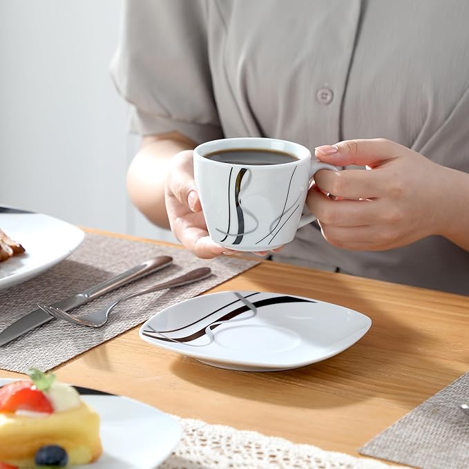 VEWEET, Series Fiona, 30-Piece Dinnerware Sets for 6, White Dishes Set with Black and Gray Stripes, Porcelain Dinner Set Including Dessert Plates, Soup Plates, Dinner Plates, Cups & Saucers