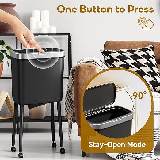 Procade Slim Kitchen Garbage Cans with Legs and Wheels,4Gallons Capacity Narrow Bathroom Wastebasket with Pop-Up Lid,Covered Black Office TrashCans for Near Desk,Plastic Trash Can for Bedroom,Dorm