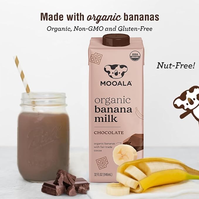 Mooala – Organic Chocolate Bananamilk, 32 fl oz (Pack of 6) – Shelf-Stable, Non-Dairy, Nut-Free, Gluten-Free, Plant-Based Beverage