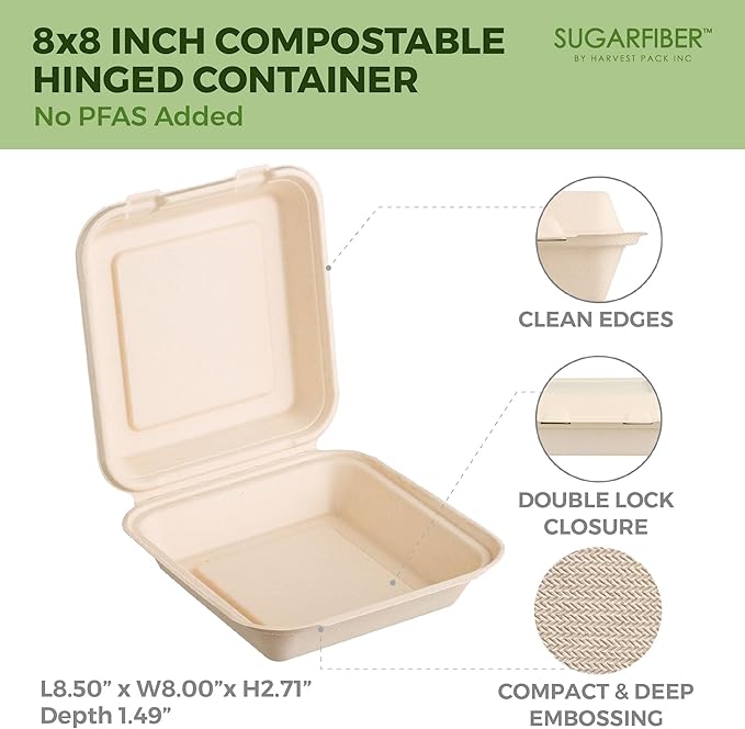 Harvest Pack [50 Pack] 8x8" Extra Thick Compostable Clamshell Take Out Food Containers - PFAS Free Heavy-Duty Disposable Sugarcane Bagasse Boxes - Eco-Friendly To-Go Containers for Food, 1-Compartment