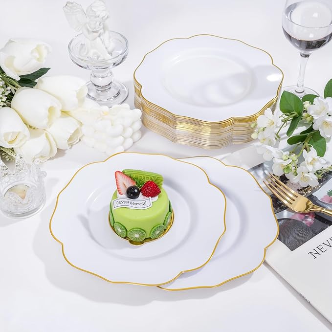bUCLA 48Pieces Gold Plastic Dessert Plates Disposable - 7.5inch Premium Hard White with Gold Rim Plastic Salad/Appetizer/Small Cake Plate for Thanksgiving&Party