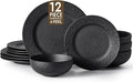 KINGSTONE Black Dinnerware Sets, 12-Piece Matte Marble Pattern Premium Porcelain, Place Setting with Dinner Plate, Salad Plate, Pasta Bowl, Microwave and Dishwasher Safe