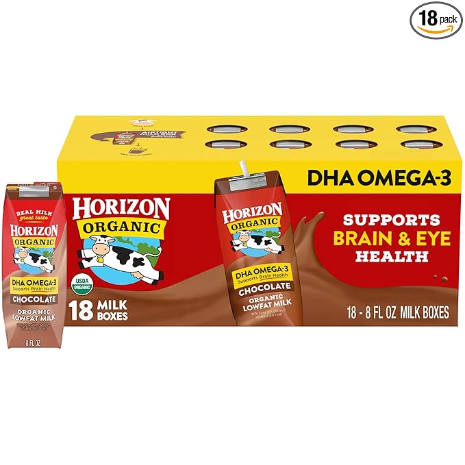 Horizon Organic Shelf Stable 1% Lowfat DHA Omega-3 Chocolate Milk Boxes, Pack of 18 - 8g Protein per Serving