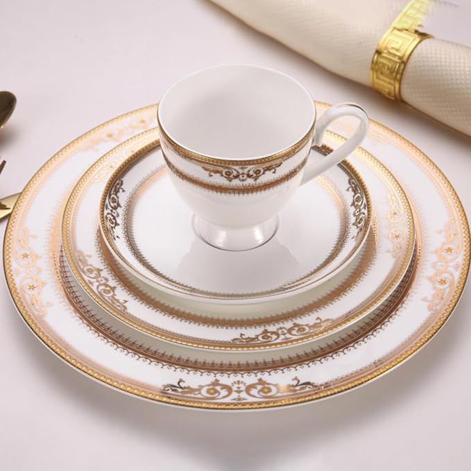 24-piece bone china dinnerware set for 6, gold trim pattern round dinner plates, fine dish set for 6 with coffee cup for dinning, suitable for microwave,oven,dishwasher (dinnerware set for 6 people)
