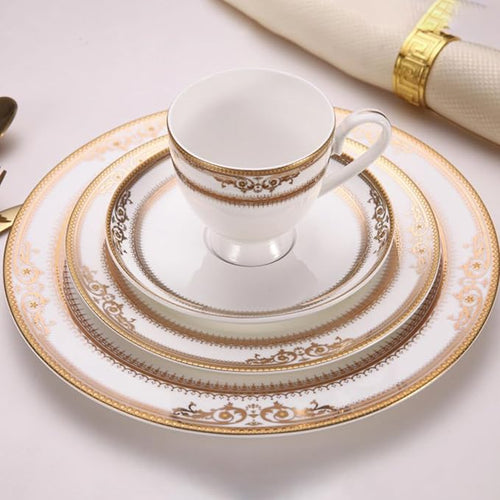 8-piece bone china dinnerware set for 2, gold trim pattern round dinner plates, fine dish set for 2 with coffee cup for dinning, suitable for microwave,oven,dishwasher (dinnerware set for 2 people)