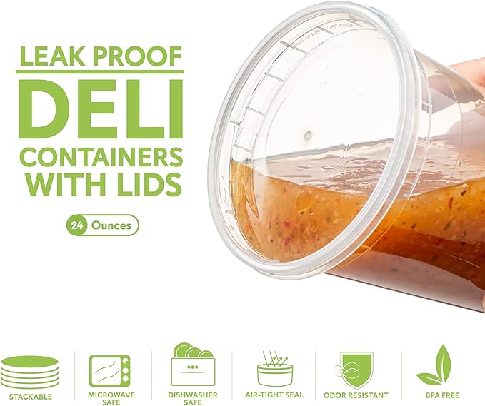 ELEGANT DISPOSABLES 24 OZ - 24 Sets Plastic Deli Food Storage Containers with Airtight Flexible Lids Microwavable, Leak Free, Washable, Freezer Safe.