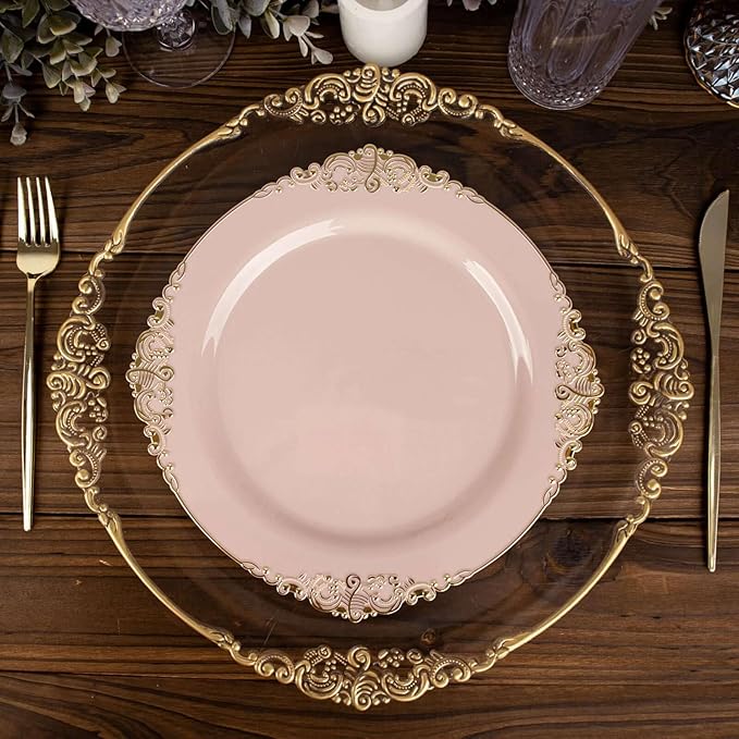 Efavormart 10 Pack | 10" Blush Rose and Gold Baroque Dinner Plates, Leaf Embossed Metallic Rim Heavy Duty Serving Plates for Boutique Weddings