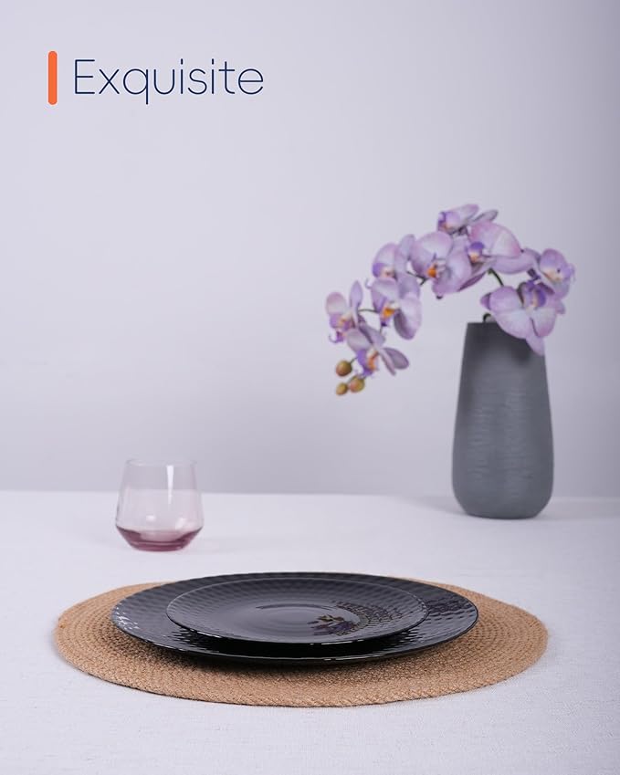LaGlint 10.5 inch Dinner Plate Set of 6, Round Opal Glass Black Geometric Faceted Dinnerware Plates, Dishwasher and Microwave Safe