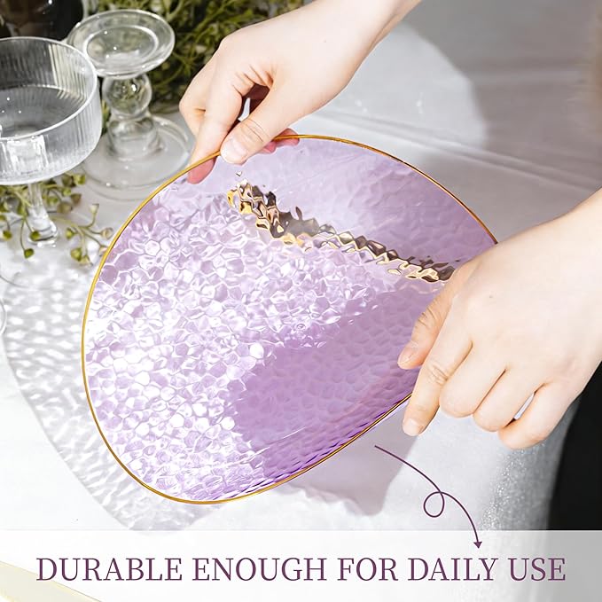 Lullaby 100pcs Purple Plastic Plates with Gold Rim, Include 50pcs Dinner Plate 10'' and 50pcs Heavy Duty Dessert Plate 7'', Plastic Disposable Plates for Parties, Birthdays and Wedding