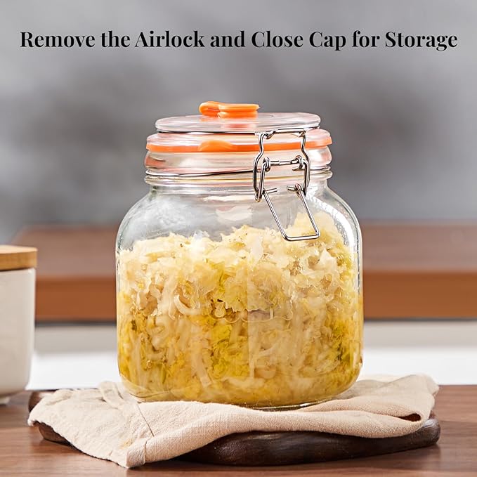 1L Fermentation Jar Kit (2 Pack) with Airlock & Glass Weight, Wide Mouth Fermenting Jar for Sauerkraut, Kimchi & Pickles, No Burping Required