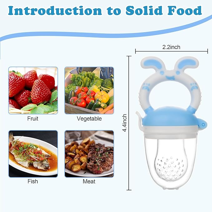 Baby Fruit Feeder Pacifier- 3 Pack | Infant Food Feeder Pacifier & Baby Food Dispensing Spoon | Mesh Fresh Fruit Teethers for Babies | Shower Gifts for Boys and Girls (Sky Blue)