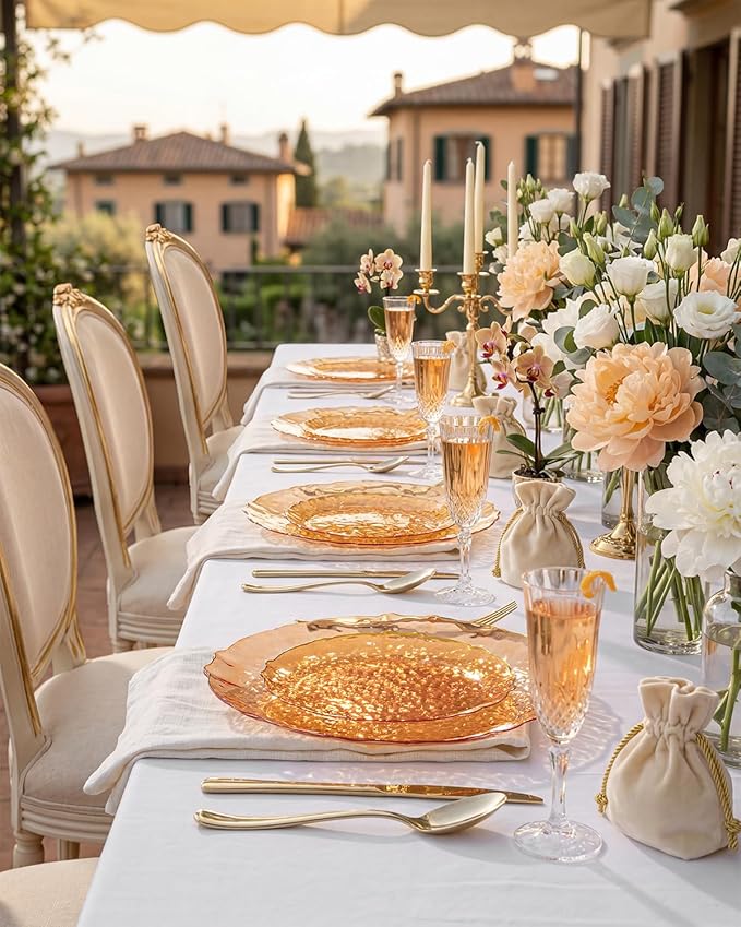 bUCLA 40PCS Orange Plastic Disposable Plates - Fancy Clear Orange Hammered with Gold Lace-Edge - Include 20 Each (10inch Dinner & 7inch Dessert) Plates for Party & Wedding