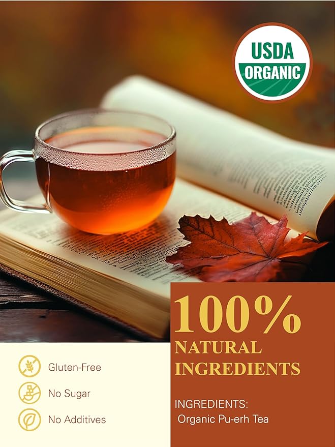 GLDNT Organic Pu-erh Tea, Yunnan Ripe Pu'erh Tea Loose Leaf, Fermented Dark Tea, Bold & Smooth Flavor, Caffeinated, 16oz
