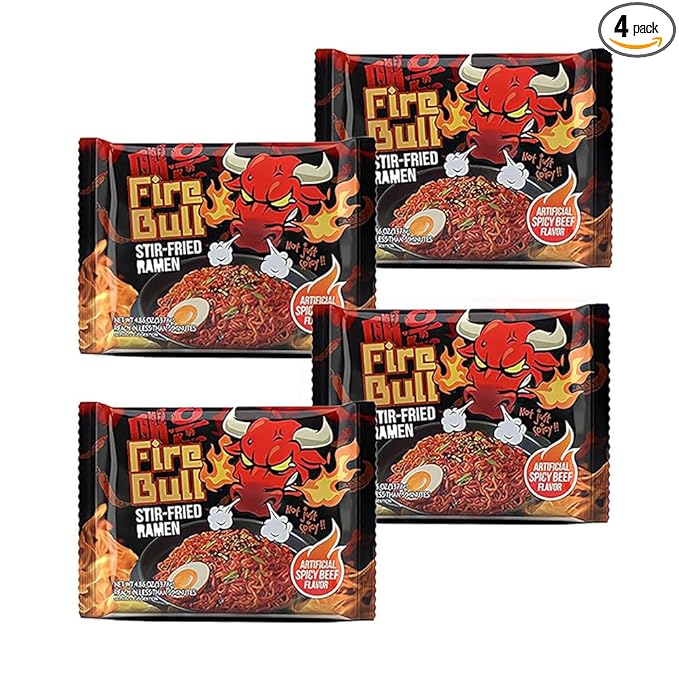 [Fire Bull Ramen] Intense Spicy Stir-Fried Ramen | Authentic Korean Heat Meets Flavorful Delight | Thick, Chewy Noodles | Quick & Easy Meal (4 Pouches)