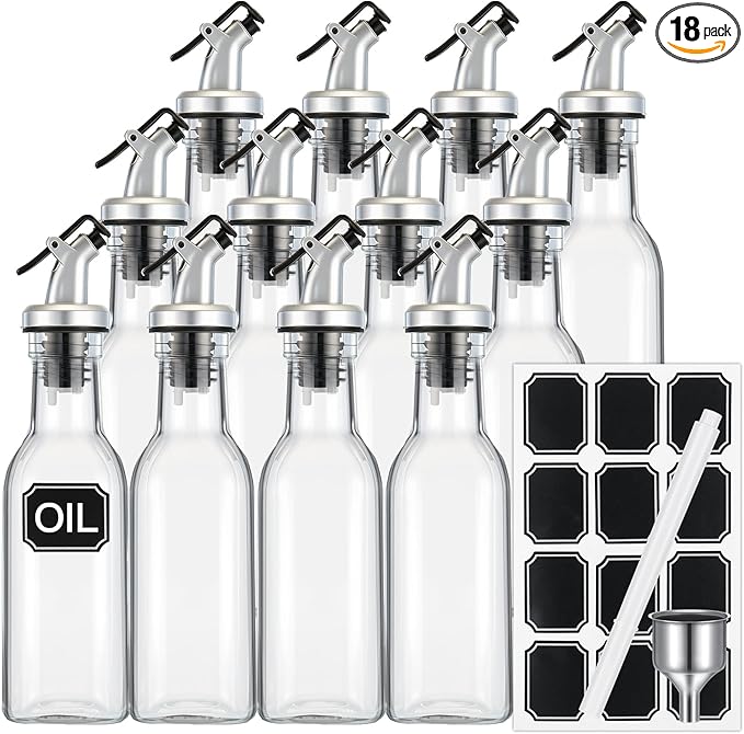 Hushee 18 Pcs Clear Glass Olive Oil Dispenser Bottles Sets Include 5oz Glass Bottle with Spout Vinegar Cruet Container for Kitchen Stainless Steel Funnel Black Label with White Pen