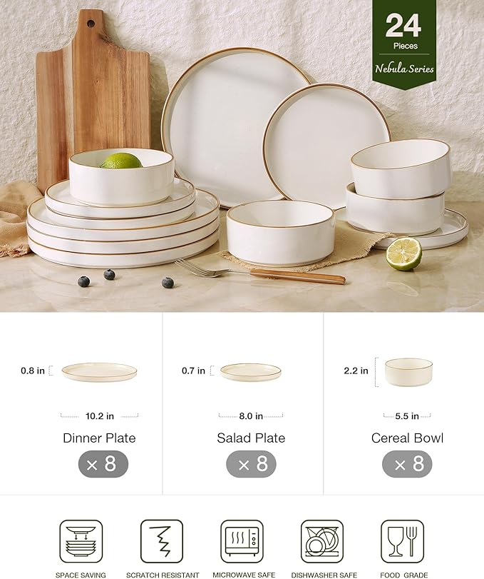 Famiware Nebula Plates and Bowls Sets, 24 Pieces Stoneware Dinnerware Sets, Microwave and Dishwasher Safe Dish Set, Dishware Sets for 8, Vanilla White with Brown Rim