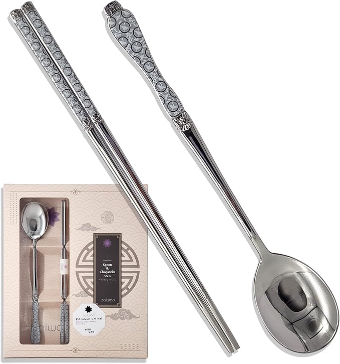 Goryeo Celadon Design Korean Table Sticky Rice Spoon and Chopsticks 430 Stainless Steel Glossy Surface Mukbang Cutlery (White, 5 Sets)