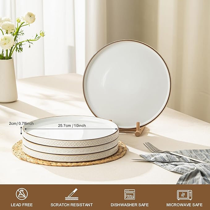 Dafuceramic Dinner Salad Plates Set of 4, 10 Inch Salad Plates with Embossments, Dessert, Salad, Appetizer, Dinner Plate, Microwave, Dishwasher Safe,Scratch Resistant