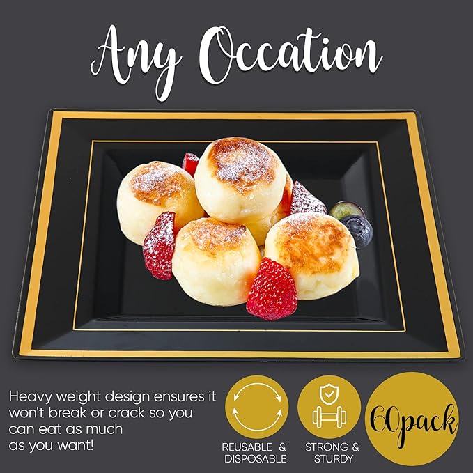 JOLLY CHEF 60 Pack Halloween Birthday Plastic Plates- Square Gold Plastic with Elegant Gold Rim 9.5 Inch Black Disposable Plates for Wedding, Birthday, Halloween and Party