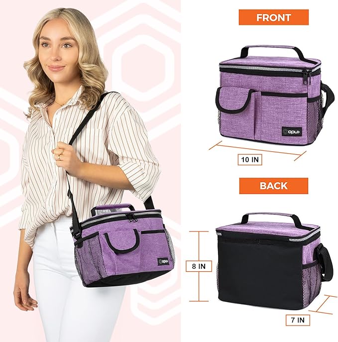 opux Insulated Lunch Box for Men Women Kids, Leakproof Reusable Lunch Bag Cooler for Work School Office, Soft Thermal Lunchbox Tote Shoulder Strap for Boys Girls Adults, Heather Purple, 14 Can/8L