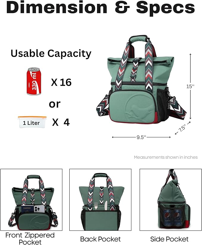 SUNNY BIRD Dual Compartment Lunch Bag Insulated Lunch Box for Women and Men (Green with boho strap)